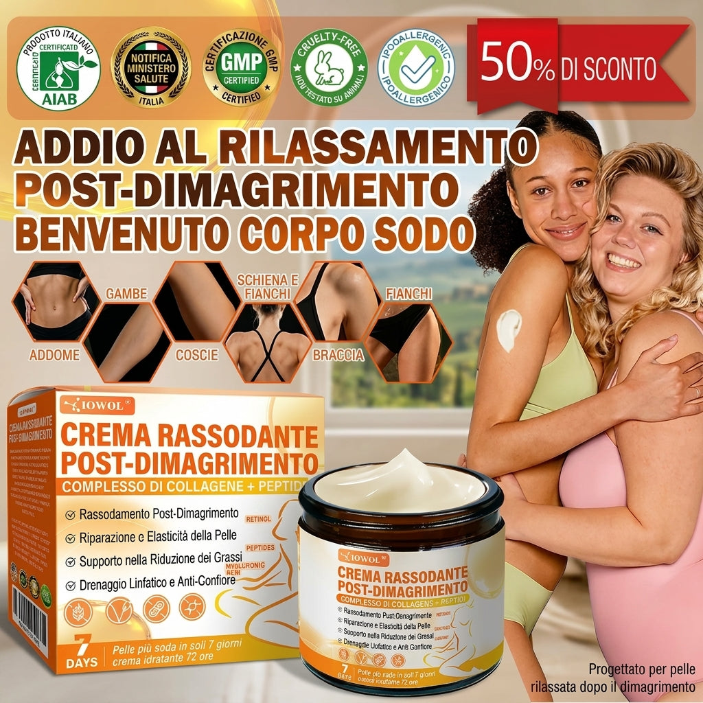 Negozio Ufficiale | IOWOL® Crema rassodante post-dimagrante con GHK-Cu, Argireline e Matrixyl 3000, peptidi di collagene e principi attivi rassodanti per contrastare la pelle rilassata e cadente dopo la perdita di peso.